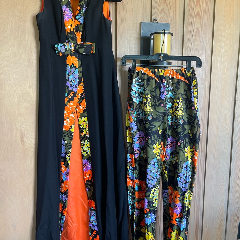1960-70’s Vintage Floral Black and Orange Women's pants/ long sleeveless jacket